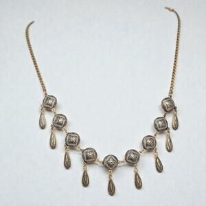 Vintage Toledoware Gold And Black Ornate Dangle Necklace Damascene